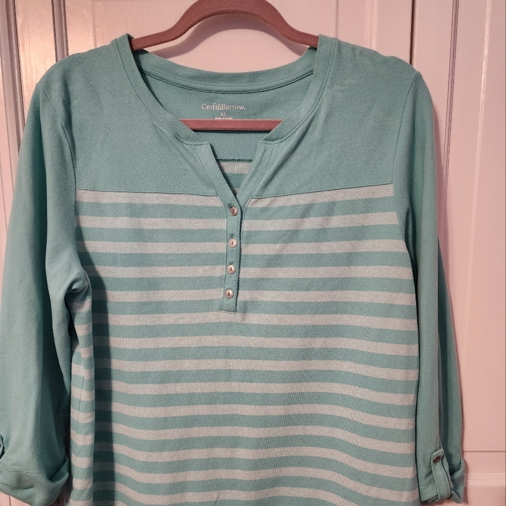 Women's Soft Vneck with buttons Striped‎ lomg sleeve shirt. Stylish.